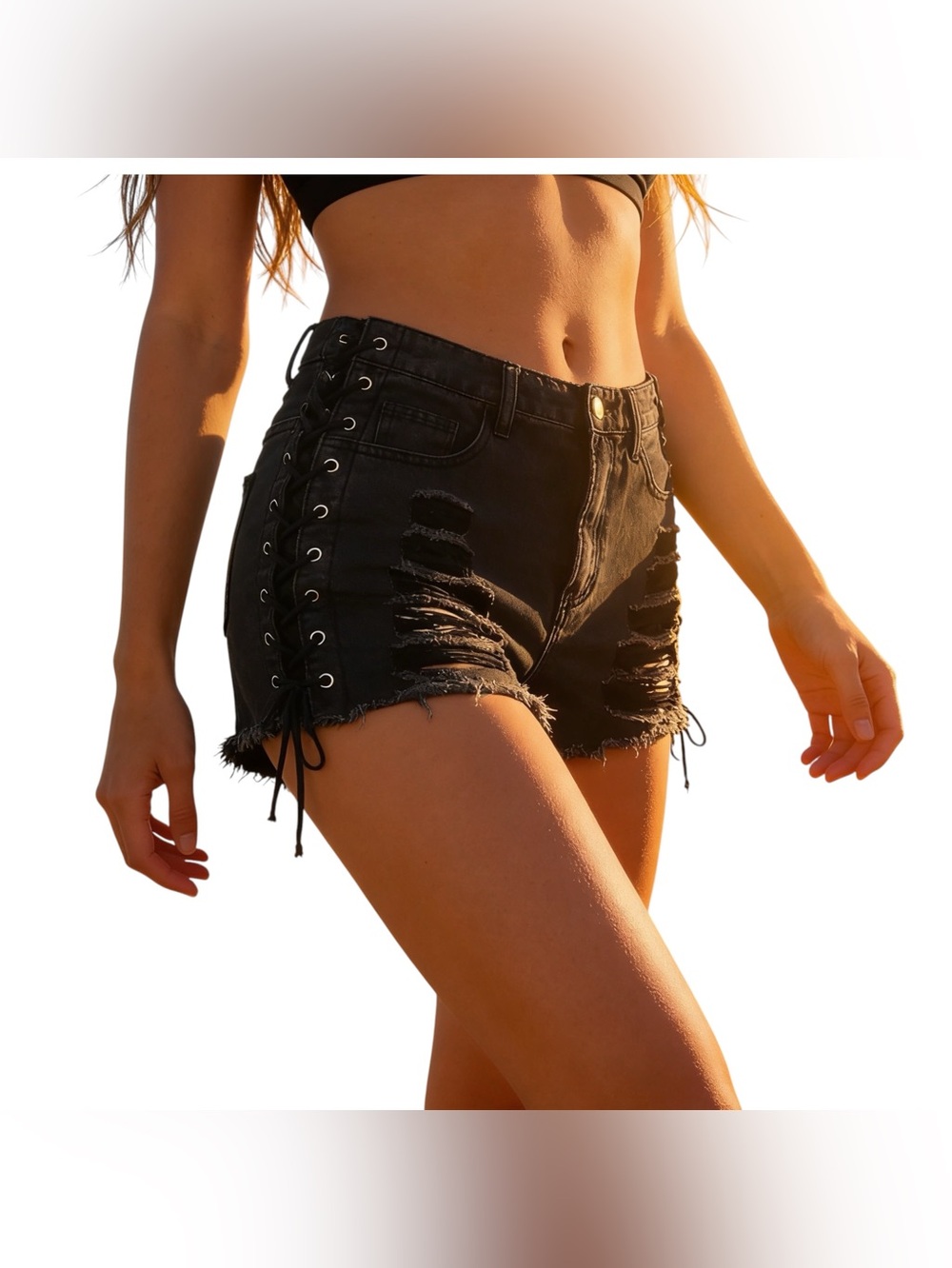 Mele E Pere Black Y2K Distressed Lace-Up Corset Sides Denim Jean Shorts Medium